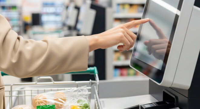 Woman using self-checkout kiosk in grocery store, selecting items on touchscreen with shopping cart filled with groceries nearby