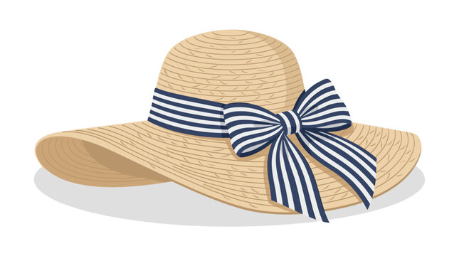 A stylish straw sun hat with a blue and white striped ribbon bow detail.