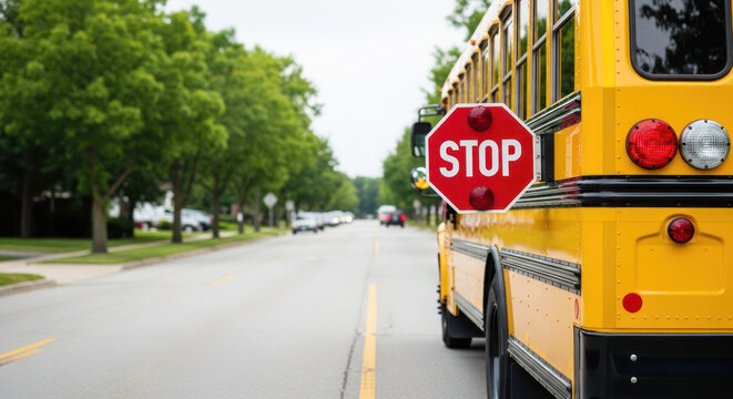 Yellow school bus with stop sign extended on a suburban street lined with trees and parked cars in the background