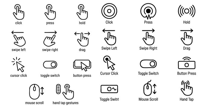 Click cursor set button with hand pointer clicking. Click here web button sign. Isolated website buy or register bar icon with hand finger arrow clicking cursor &ndash; stock vector