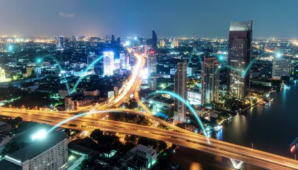 Obraz premium Aerial View of Futuristic Smart City with Digital Network Connections