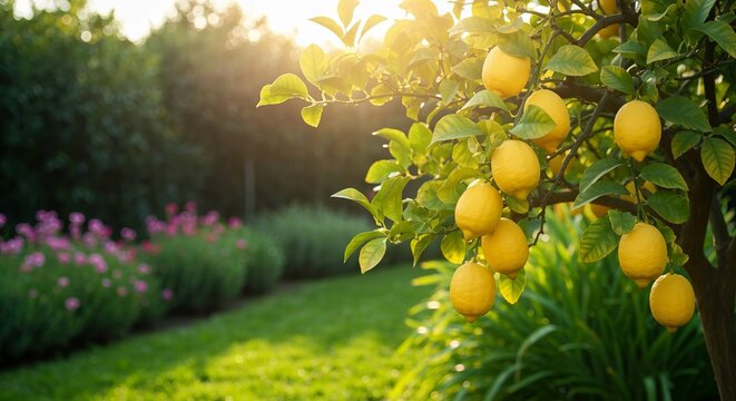 Lush Lemon Orchard Filled with Sun-kissed Fruits, Capturing Garden Tranquility in Summer s Warmth