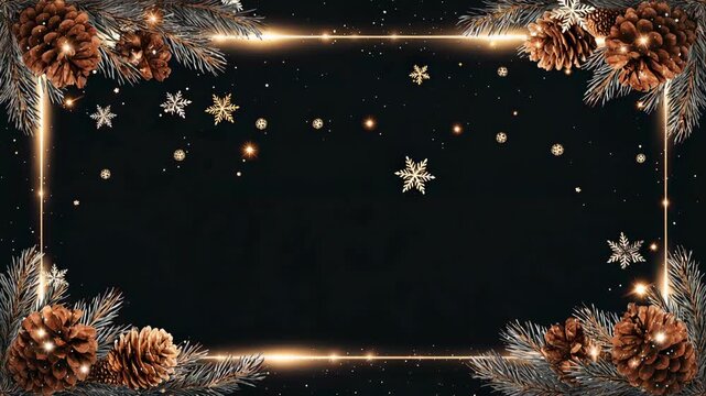 Elegant Christmas frame with pine cones fir branches and golden stars on dark festive background