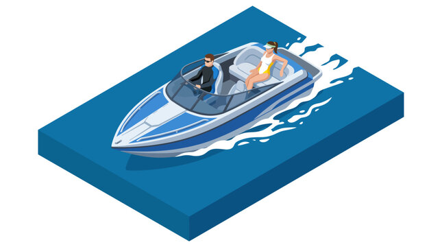 This vibrant image features a speedboat cruising on serene waters with two passengers enjoying the sunny day, highlighting leisure and adventure in lifestyle.