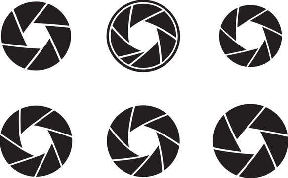 Camera lens aperture icon set with shutter diaphragm, black vector camera photography symbol design.