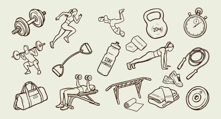 Minimal hand drawn gym equipment doodle, Expressive brush line weightlifting sketch, Clean layout fitness training illustration, High negative space workout elements drawing, Rough sketch style body b © Geetaroy