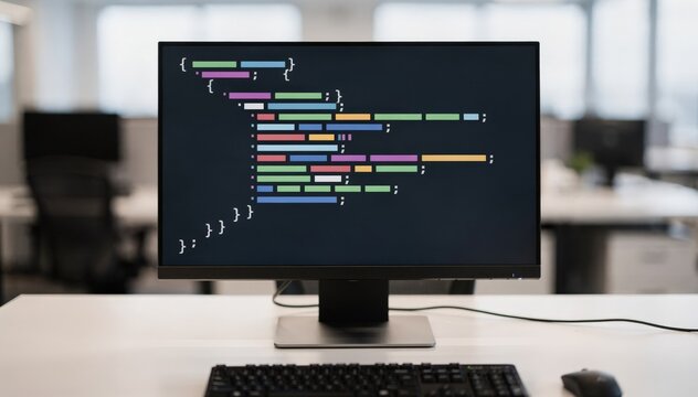 Clear focus on JSON code on a desktop screen medium shot showing partial keyboard and blurred office scene symbolizing repeatable configuration for cloud deployments.