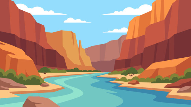 This vibrant illustration showcases a breathtaking canyon landscape featuring towering cliffs and a flowing river, evoking a sense of adventure and nature's beauty.