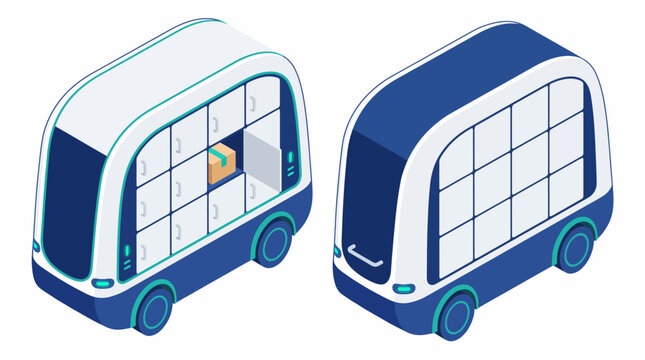A modern, autonomous delivery vehicle featuring a unique parcel locker design that emphasizes convenience and innovation in transportation and delivery.