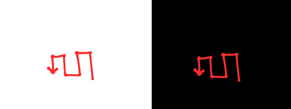 Bright Red Stylized Downward Arrow with Square Top Minimal Icon Split Background