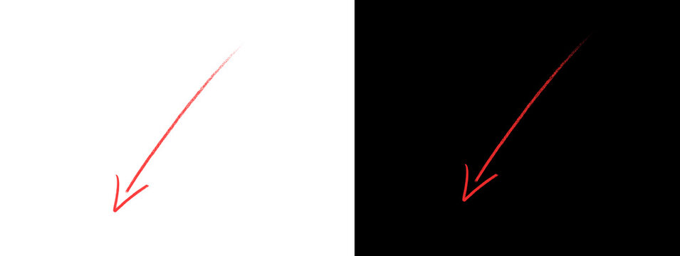 Bright Red Diagonal Downward Right Pointing Arrow Glowing Line Art Icon Split Background