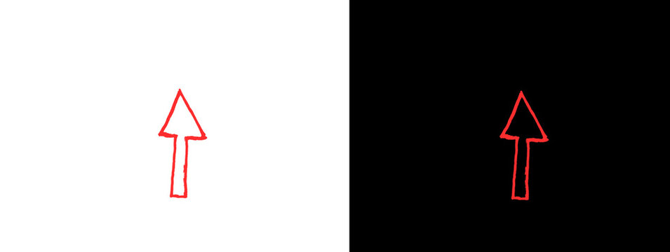 Bright Red Upward Pointing Arrow Simple Minimal Line Art Icon on Dual White and Black Background