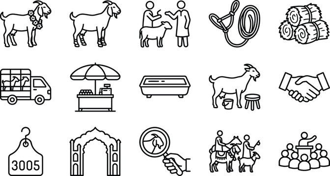 Eid ul Adha Bakra Mandi Line Icons &ndash; Goat Market, Qurbani Buying Selling, Livestock Trade, Rural Farming Vector Set