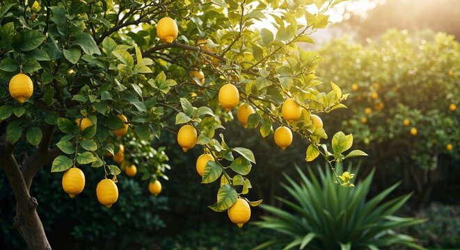 Vibrant Lemon Tree Overflowing with Ripe Yellow Lemons, Surrounded by Lush Green Leaves in Garden