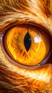 Extreme macro closeup of a domestic cat eye, vibrant golden iris with slit pupil, detailed fur texture, intense gaze, wildlife photography