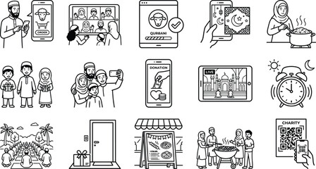 Obraz premium Eid ul Adha Digital Lifestyle Line Icons – Online Qurbani, Donation, Family Celebration, Food Sharing Vector Set
