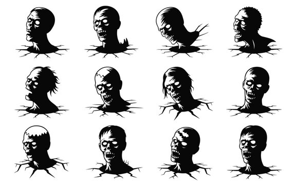 A striking collection of twelve diverse zombie head silhouettes emerging from dark textured ground with eerie decayed expressions for horror themed design projects