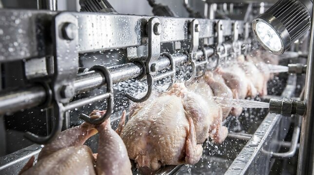 Poultry processing plant with chickens being washed on a conveyor belt.