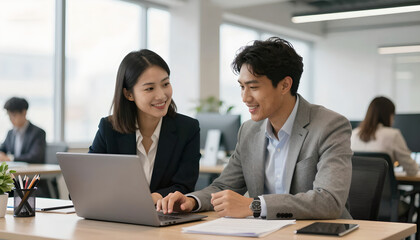 Obraz premium Business Professionals Collaborating Over Laptop in Office: Teamwork Scene