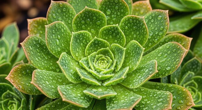A vibrant green succulent plant with water droplets on its leaves, set against a backdrop of lush greenery and a wooden fence.