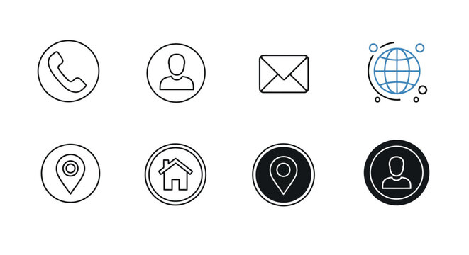 Modern Communication Interface Vector Icon Set Collection Featuring Eight Unique Phone User Email Globe Home Location Outline and Solid Icons in Minimal Flat UI UX Symbol Pack