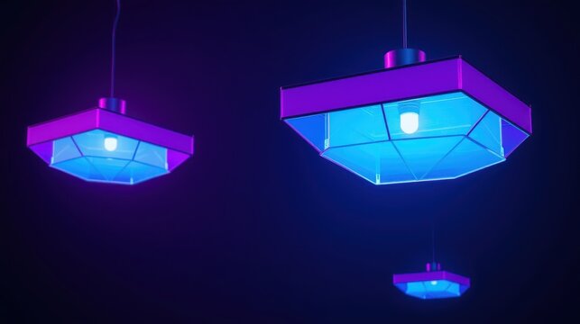 Neon lights illuminate geometric fixtures. Bright blue glows emanate from within purple frames, creating vibrant contrast against dark background.