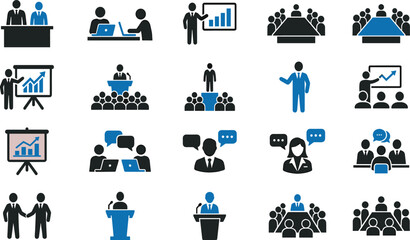 Fototapeta premium Business Teamwork Icons for Meetings, Presentations, Collaboration, and Corporate Communication in Professional Vector Set