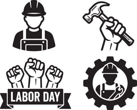 Labor Day Icons: Worker Silhouette, Fist Pumps, Hammer, Gear, and Banner