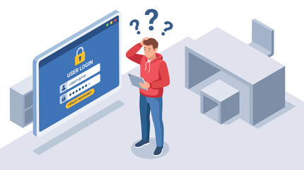 A perplexed user stands before a computer screen displaying a login interface, conveying frustrations with technology and the common challenges faced in the digital age. © june
