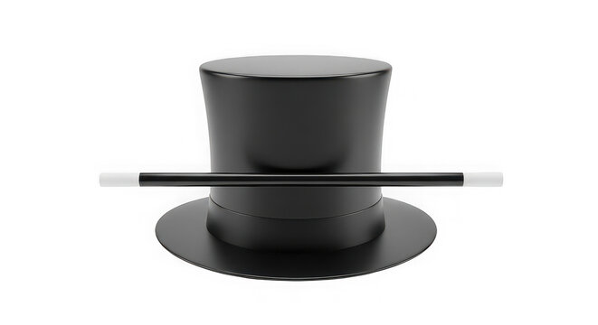 Black magic top hat with a magic wand isolated on transparent background