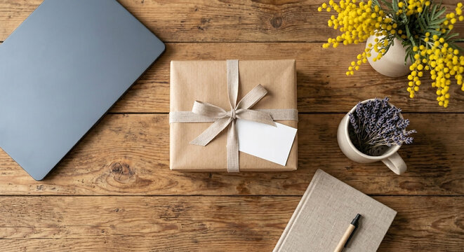 Top view of gift box with blank tag on wooden workspace.