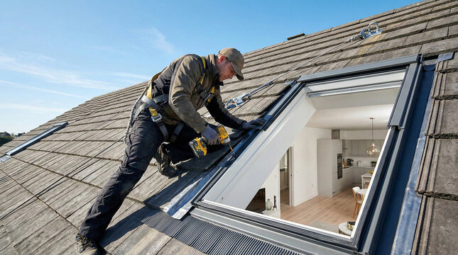 Professional roofer installing a window in the roof of a house.