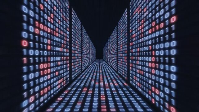 Digital binary code corridor emphasizing advanced technology and cybersecurity