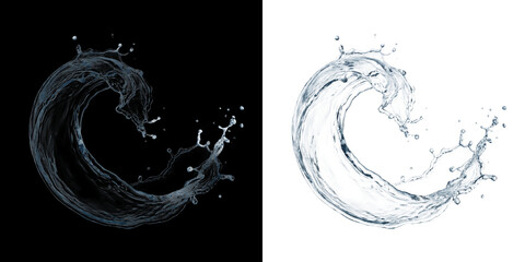 Obraz premium Dynamic water splash crown, curved liquid wave with droplets, fresh clear water swirl for beverage and cosmetic advertising isolated on Transparent Background