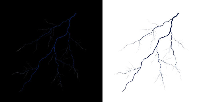 Dramatic lightning bolt strike, electric thunderbolt flash effect, powerful atmospheric weather discharge, dark blue electrical spark isolated on Transparent Background