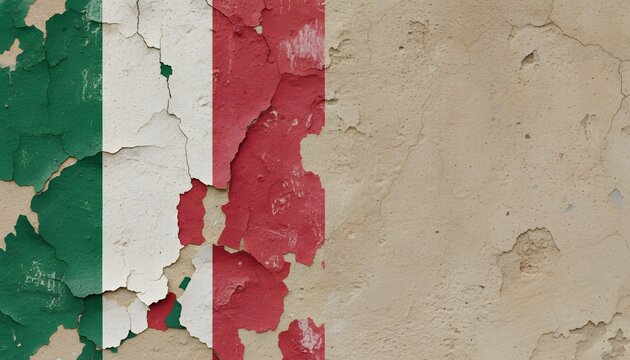A close up of a textured wall with peeling paint showing the Italian flag s colors and rough plaster