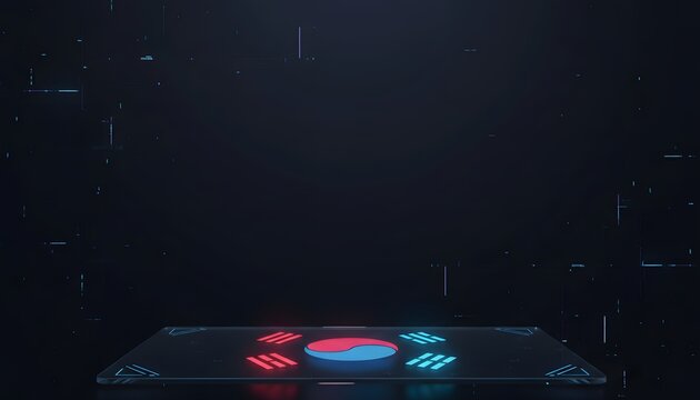 Futuristic platform with the Korean Taegeuk symbol glowing with red and blue neon lights against a dark digital grid background