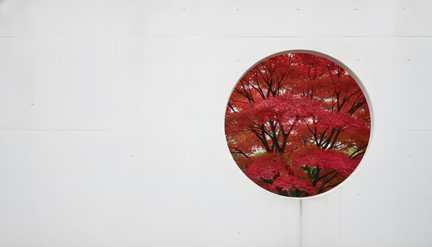 A circular window in a white wall reveals a vibrant display of bright red autumn maple leaves showcasing nature s beauty in contrast to modern