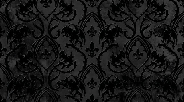 A black, shadowy pattern featuring mythical dragons in a gothic, heraldic style.