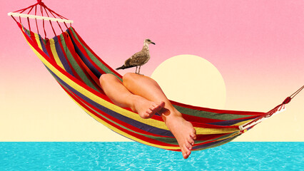 Striped hammock floats above turquoise sea with relaxed legs, seagull and pastel sunset backdrop, suited for travel ads, beach resort promos, summer leisure and relaxation concepts. © master1305