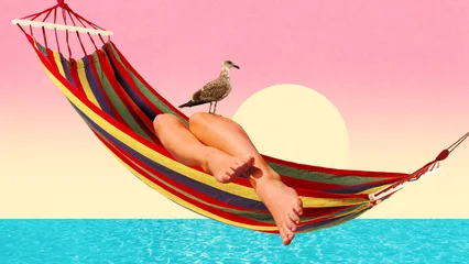 Fotobehang Zonsondergang Zee Striped hammock floats above turquoise sea with relaxed legs, seagull and pastel sunset backdrop, suited for travel ads, beach resort promos, summer leisure and relaxation concepts.  © master1305