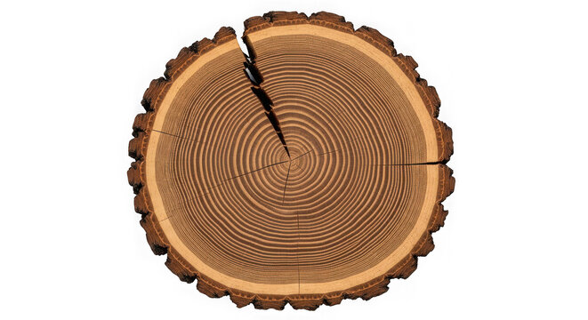 Cross section of a tree trunk showing growth rings isolated on transparent background