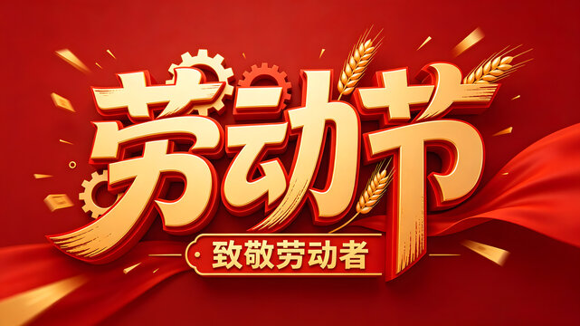 Golden Labor Day text with wheat and gears on red background