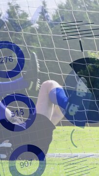 Vertical video: Male player sliding after dive and ball hitting net, sports HUD showing stats chart