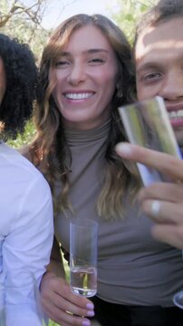 Vertical video: Reacting to selfie, friends leaning, clinking flutes in yard, taupe top blue shirt