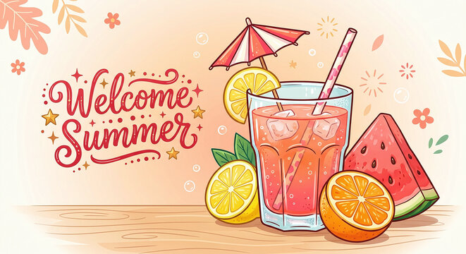 A refreshing summer beverage illustration featuring a colorful cocktail with tropical fruits on a wooden surface