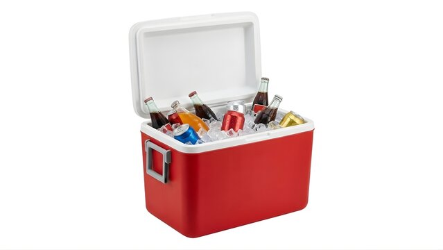 A red cooler box filled with ice and various cold drinks on transparent background
