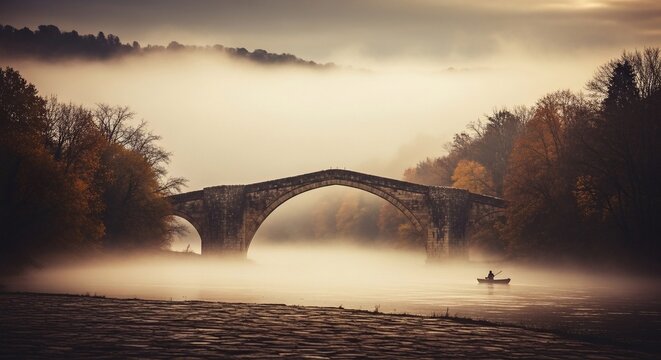 Misty Morning Over Ancient Stone Bridge with Lone Canoeist.