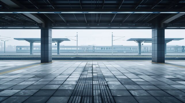 Empty modern train station platform with tracks and foggy urban background