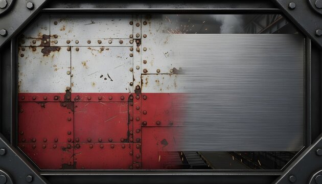 A riveted metal panel transitions from a worn red and white surface to a brushed metallic finish with an industrial background